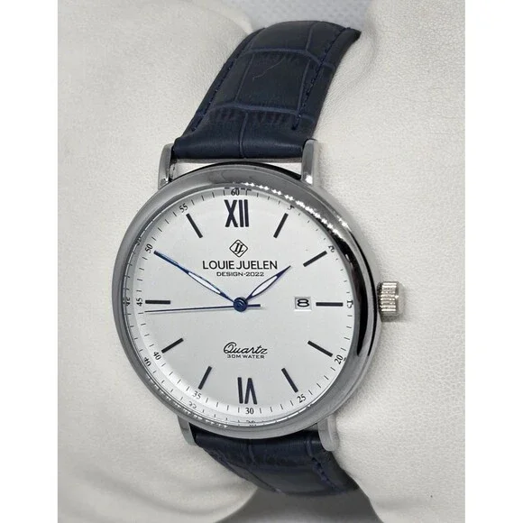 Man's Classic Luxury Round Date Silver Tone Case Blue Leather Strap Watch 13 - Picture 2 of 8
